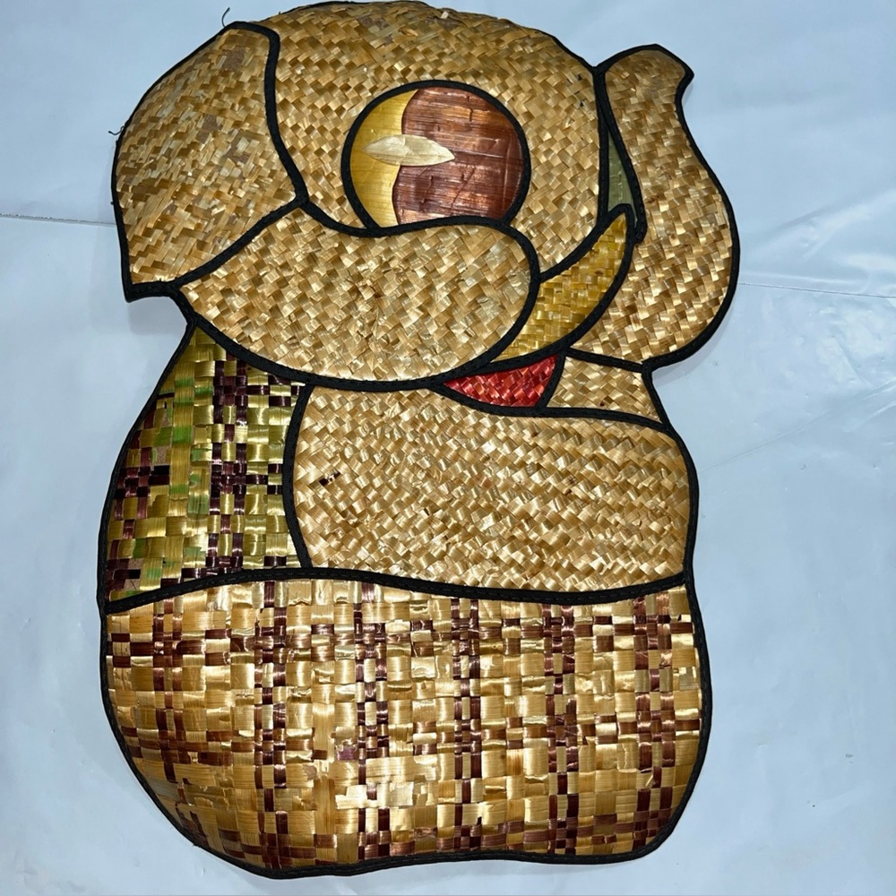 Wicker ELEPHANT Straw Bamboo weaved Wall Art 1970s Handmade Boho Vintage 14”tall